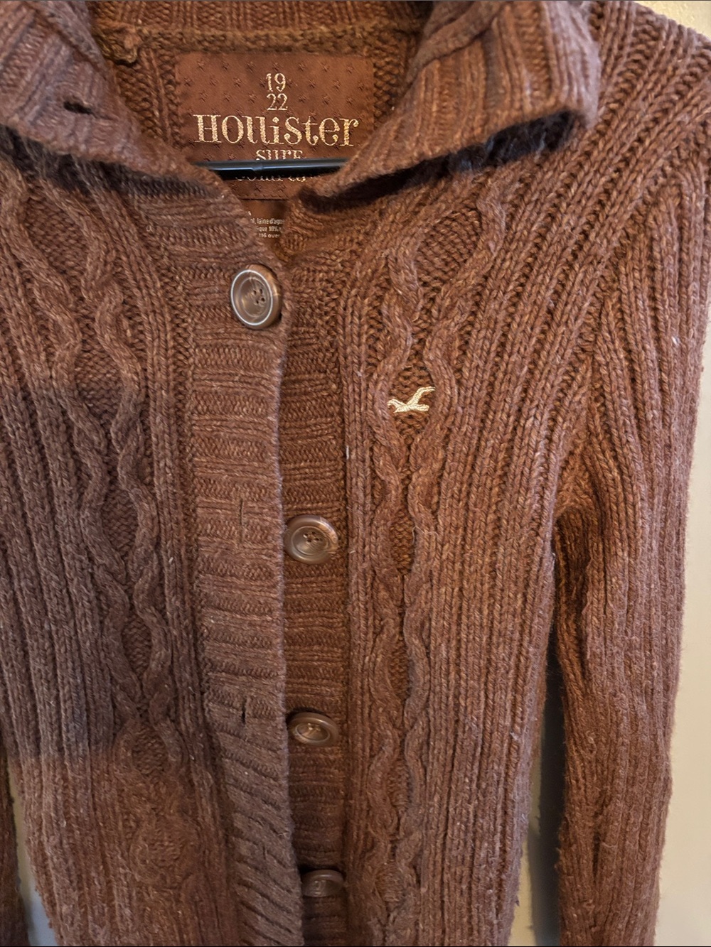 Y2K Hollister Women's Brown Cable-Knit Button down Cardigan L - Picture 2 of 4